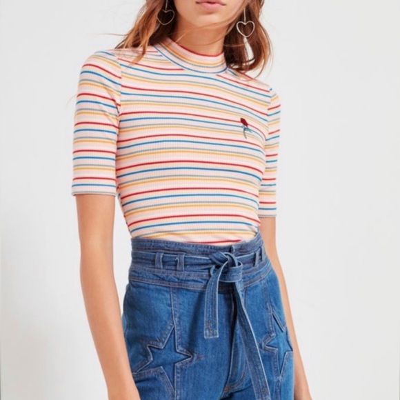 UO Zola Striped Mock Neck Rose Top - Picture 2 of 7